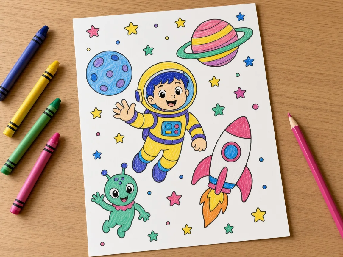 A personalised coloring page, half coloured in with crayons